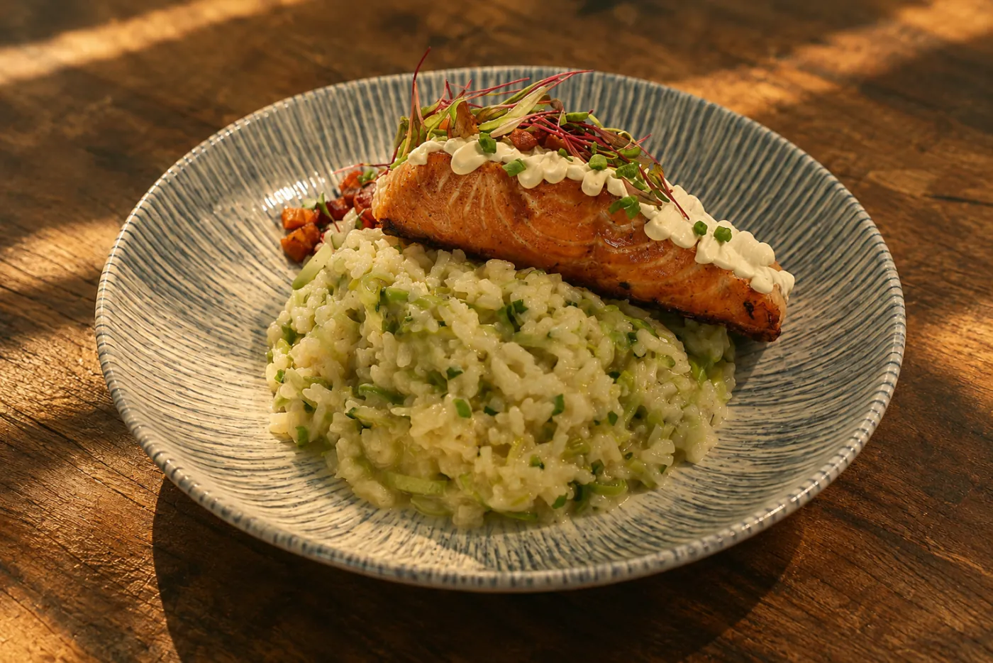 Salmão grelhado com risoto de abobrinha servido em prato de cerâmica