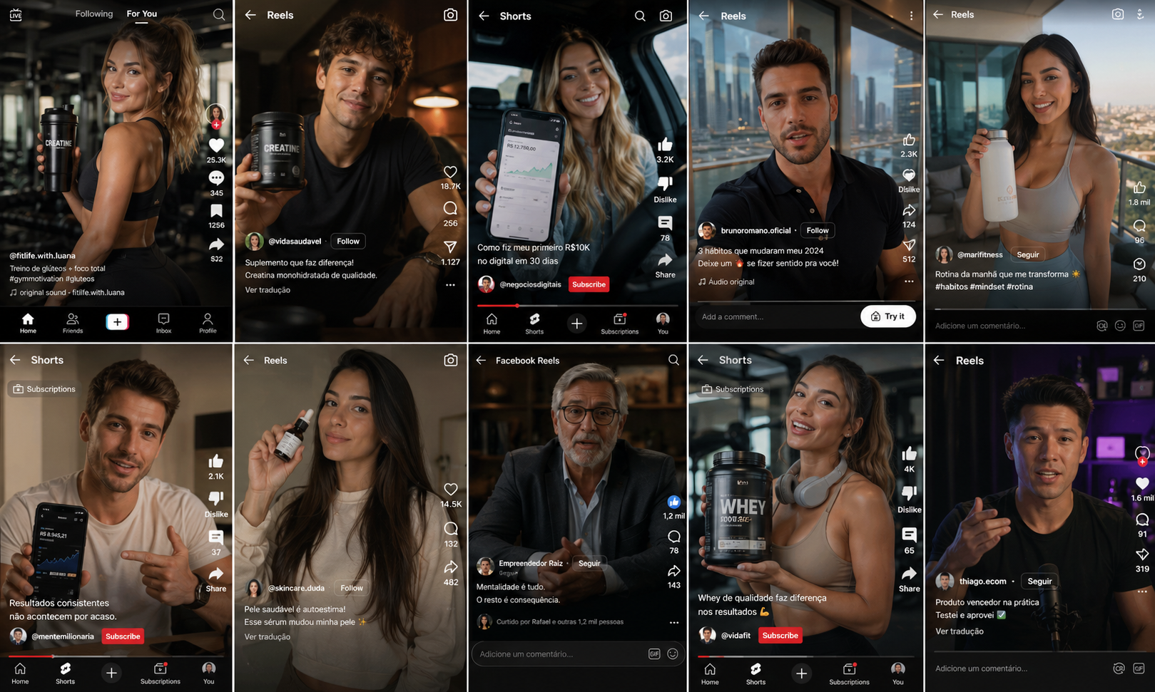 Exemplos de influenciadores de IA em Reels, Shorts e TikTok, da página original MVM Legacy